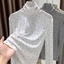 Áo thun nữ Tencel chấm bi mềm mịn, áo thun dài tay, bên trong cổ cao xếp chồng