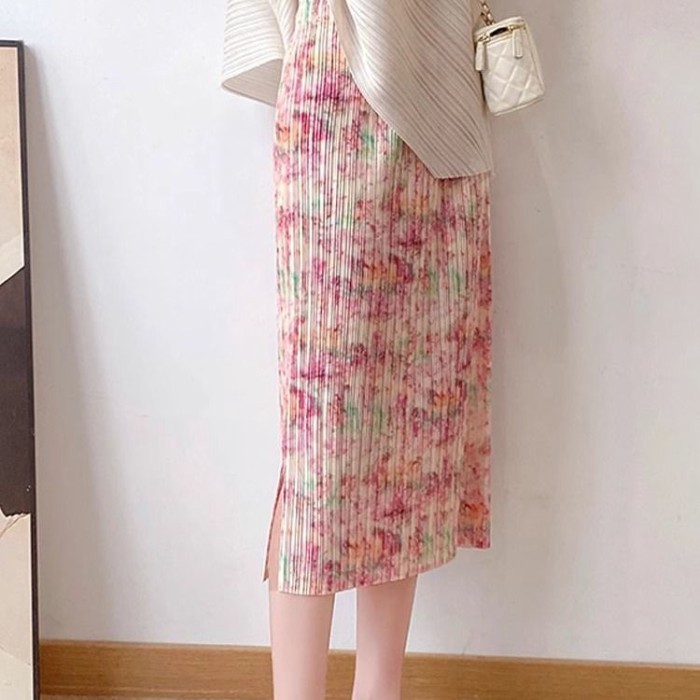 Lan ~ Váy Hoa Hồng Mùa Hè Nhỏ Xếp Ly Phong Cách Mới Cao Cấp Co Giãn Mỏng Hơn Nhìn Mỏng Phong Cách Xếp Ly Váy