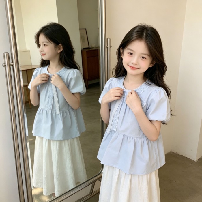 Xanh Dương Phong Cách Nhẹ Nhàng Thắt Nơ Áo Bé Gái Thiết Kế Tay Phồng Áo Sơ Mi Babydoll Thời T