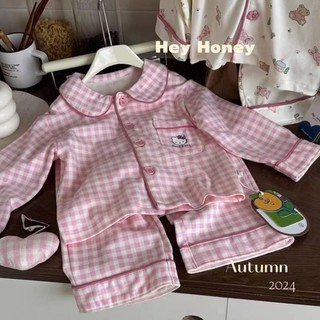Bộ Đồ Ngủ Bé Gái Mùa Thu Đông Mới Kẻ Sọc Hồng Hello Kitty Home Quần Áo Ngực Đơn Nhung Mỏng Hello