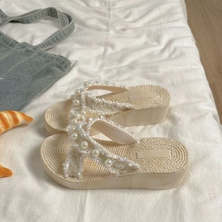 Phong cách nghỉ lễ nhẹ nhàng ~ Dép xỏ ngón nơ đế dày 5cm cho nữ mặc như áo khoác ngoài, dép đi b