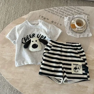 Bộ đồ bé trai và trẻ em ba chiều cún con mùa hè thời trang mới quần short ngắn tay in hình dễ