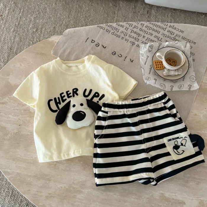 Bộ đồ bé trai và trẻ em ba chiều cún con mùa hè thời trang mới quần short ngắn tay in hình dễ