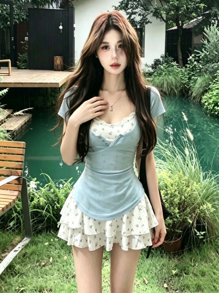 Tươi Mát Và Tinh Khiết Desire Slim Ngắn Tay Áo Hoa Suspender Bánh Đầm Nữ Mùa Hè Slim Hot Girl