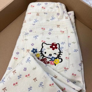 Quần Jean Trắng Thêu Mèo Kitty Cho Nữ Mùa Hè Cao Cấp Thẳng Ôm Quần Ống Rộng