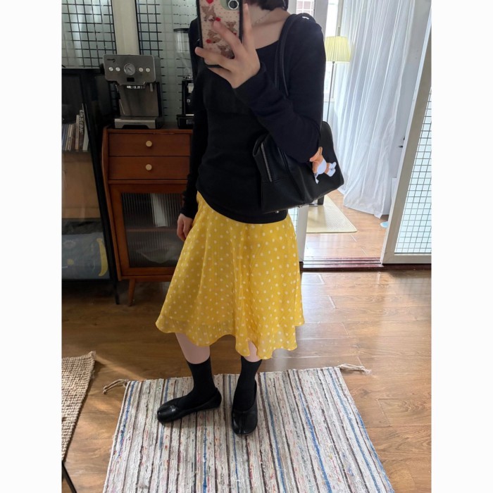 Lan ~ Nhật Bản Ngọt Ngào Màu Vàng Chấm Bi Drape Váy Nữ Xuân Hè Đơn Giản Phong Cách Preppy Mỏng Hơn Nhìn Họa Tiết Váy chữ a