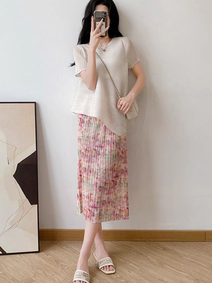 Lan ~ Váy Hoa Hồng Mùa Hè Nhỏ Xếp Ly Phong Cách Mới Cao Cấp Co Giãn Mỏng Hơn Nhìn Mỏng Phong Cách Xếp Ly Váy