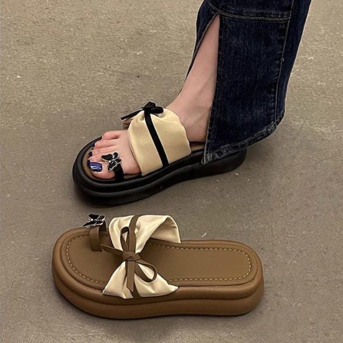 Dép xỏ ngón đế dày nơ nâng thời trang mùa hè cho nữ và dép sandal đi biển thông thường đa năng