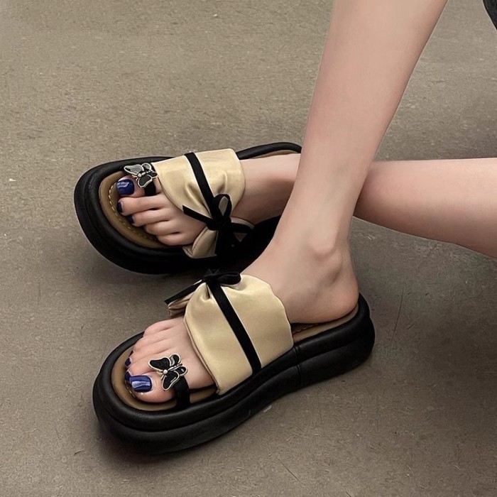 Dép xỏ ngón đế dày nơ nâng thời trang mùa hè cho nữ và dép sandal đi biển thông thường đa năng