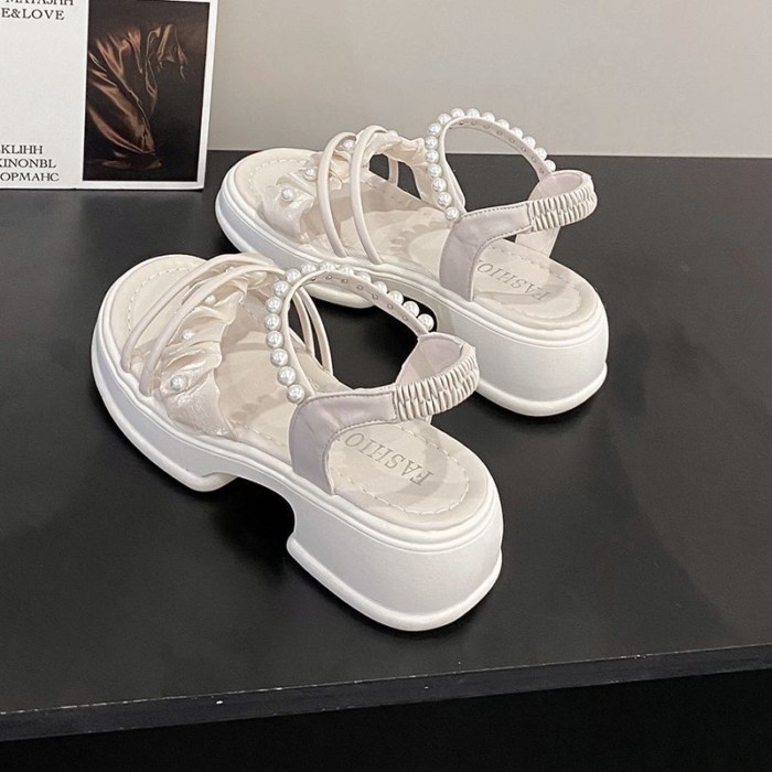 Giày Sandal Nữ Đế Dày Mùa Hè Thời Trang Đi Biển La Mã Giày Dây Ngọc Trai Kèm Váy