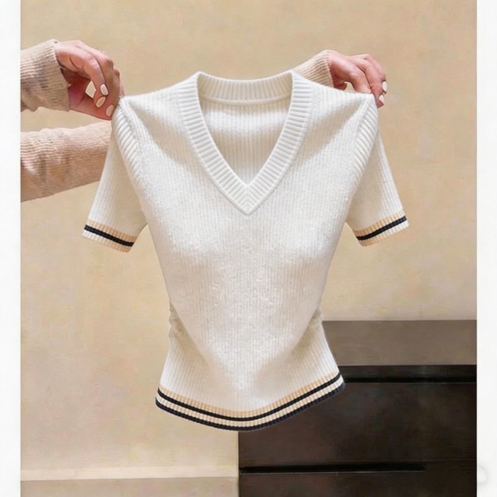 Áo len ngắn tay cổ chữ V thời trang retro sang trọng cho nữ mùa hè phong cách mới siêu đẹp sl