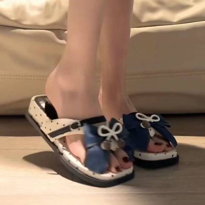 Dép xỏ ngón đế dày nơ ngọt ngào thời trang mùa hè nữ sandal chấm bi đa năng và thoải mái