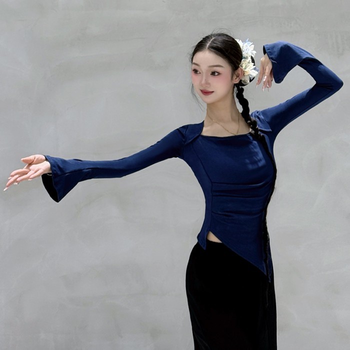 kiểu quần áo múa cổ điển mới, áo dài tay nhảy hiện đại, quần áo tập body màu đen, quần áo tập mú