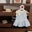 Váy vest bé gái phong cách Hàn Quốc nơ ngọt ngào kẻ sọc xanh váy nụ hoa dễ thương váy trẻ em