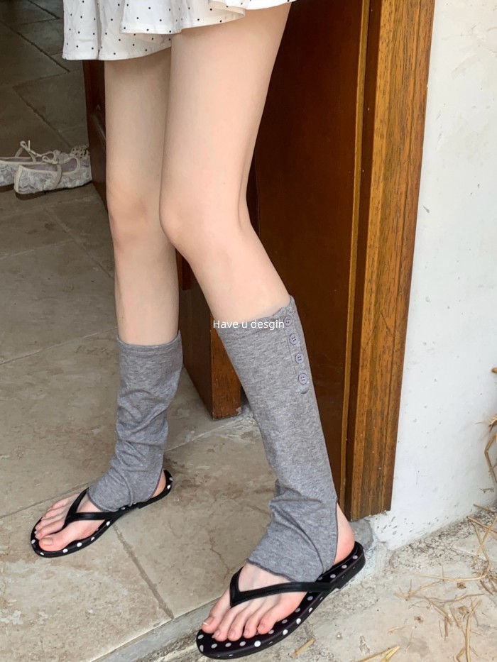 Có bạn desgin
 Màu Xám Mùa Hè Mỏng Phong Cách Bên Nút Cọc Tất Nữ miu Series Chân Bước Giữa Ống Tất Nút Chia Nửa Giấy Tất