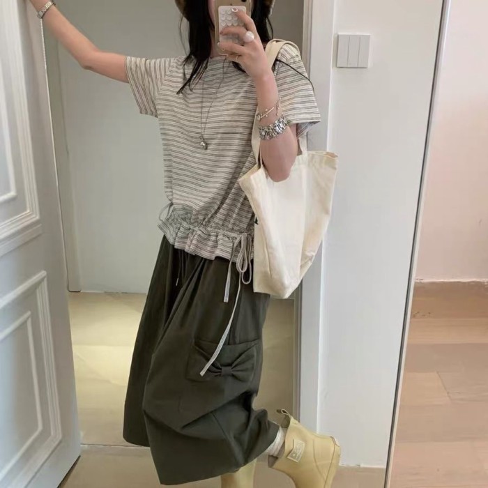 Lan ~ Phong cách mới mùa hè Siêu đẹp!!!Tất cả các trận đấu Áo thun thiết kế dây rút eo hẹp
