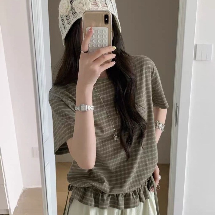 Lan ~ Phong cách mới mùa hè Siêu đẹp!!!Tất cả các trận đấu Áo thun thiết kế dây rút eo hẹp