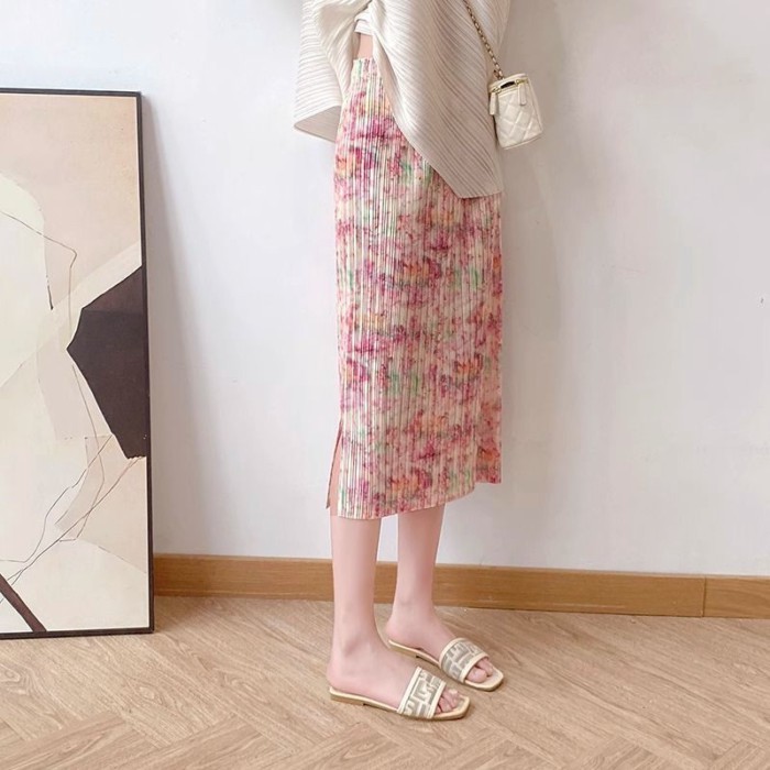 Lan ~ Váy Hoa Hồng Mùa Hè Nhỏ Xếp Ly Phong Cách Mới Cao Cấp Co Giãn Mỏng Hơn Nhìn Mỏng Phong Cách Xếp Ly Váy