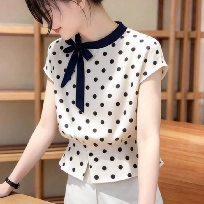 Áo sơ mi tay ngắn cổ tròn chấm bi nơ nữ phong cách Hàn Quốc, áo voan voan sang trọng và siêu