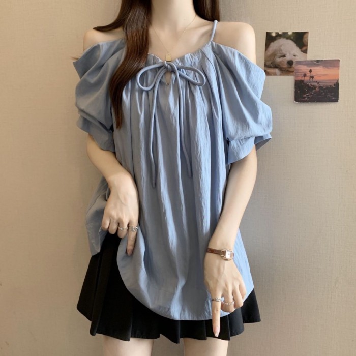 Lan ~ Kích Thước Lớn Dây Rút Sling Một Vai Áo Sơ Mi Nữ Mùa Hè Phong Cách Mới Béo mm Rời Mỏng Hơn Nhìn Thời Trang Tất Cả @