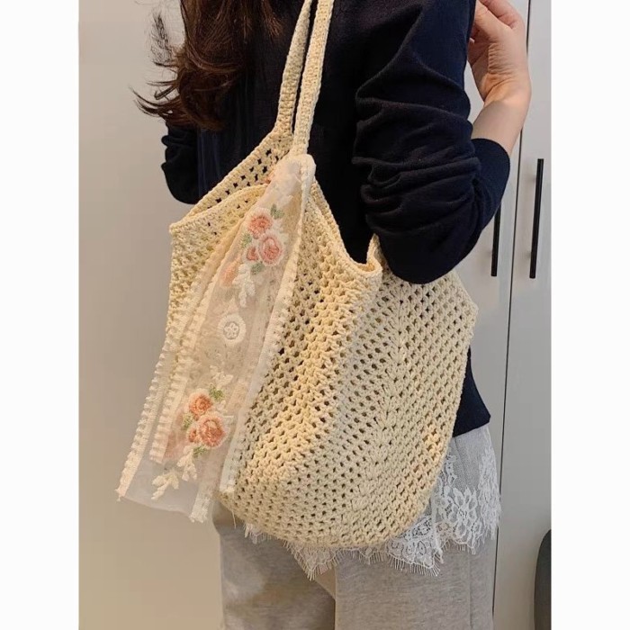 Túi đeo chéo nách phong cách lười biếng dành cho nữ mùa hè chất liệu cotton rỗng dung tích lớn