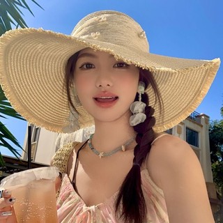 Ren Nơ Vành Rộng Đi Biển Mũ Rơm Cho Nữ Mùa Hè Mới Đi Biển Tấm Che Nắng Mũ Chống Nắng Hợp Thời