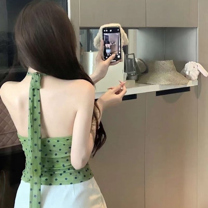 Màu Sắc Cầu Vồng Hot Girl Chấm Bi Yếm Mùa Hè Mới Hở Lưng Đi Kèm Với Miếng Lót Ngực Ôm Vừa Vặn