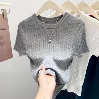 Áo len vai phải cơ bản đa năng áo thun ngắn tay nữ băng lụa mỏng mùa hè kiểu dáng mới dáng ôm