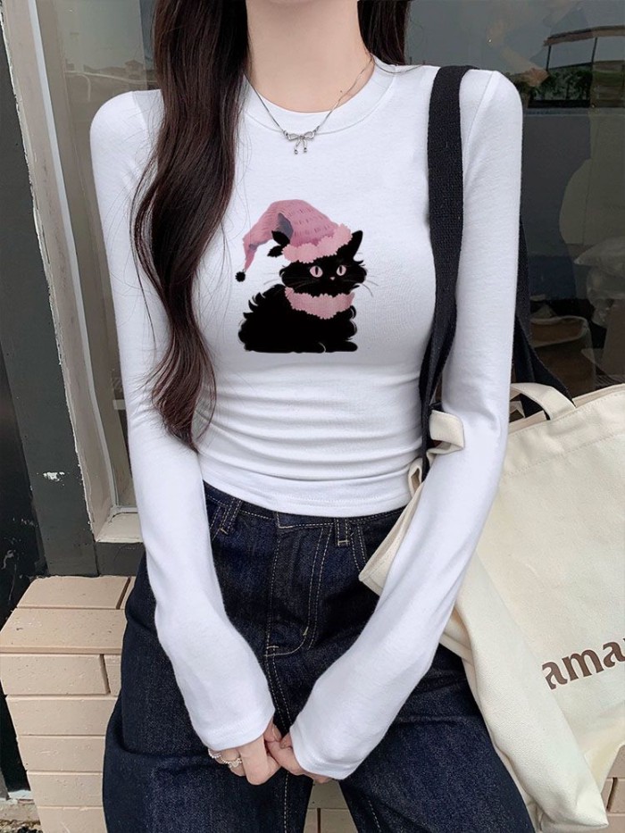 Áo thun dài tay nhung Đức in hình mèo con màu xám mùa dành cho hot girl thon gọn vai phải mỏng ấm á
