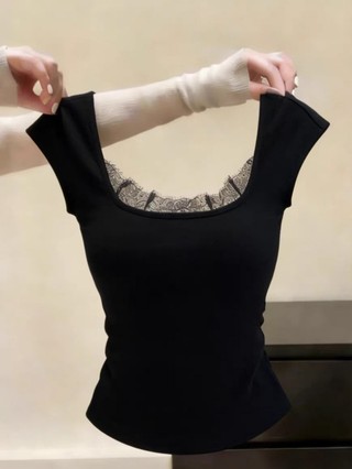Áo thun nữ thời trang mới phối ren đen cổ vuông mùa hè Mới Niche Style Slim Fit Top