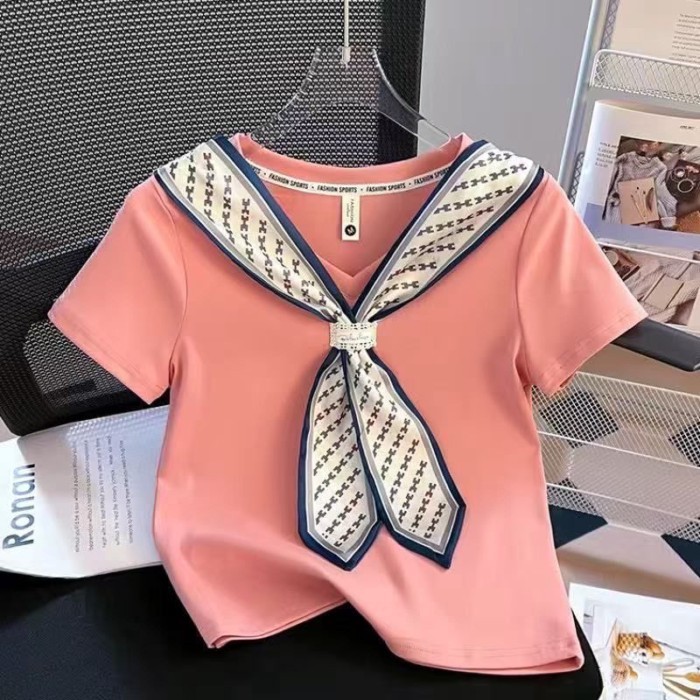 bộ quần áo trẻ em bé gái áo thun ngắn tay cotton nguyên chất phong cách hàn quốc khăn choàng mùa
