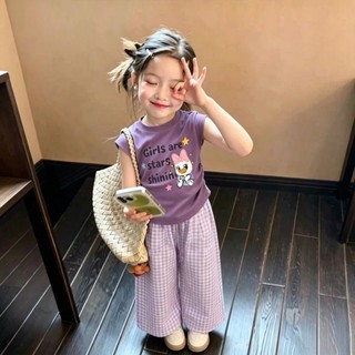 Bộ đồ mùa hè cho bé gái Áo vest hoạt hình phong cách Hàn Quốc Quần kẻ sọc Bộ hai mảnh siêu dễ thươn
