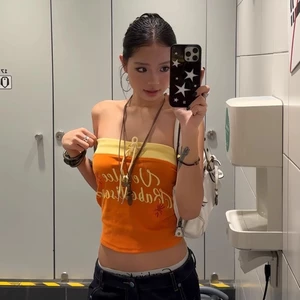 Cotton Nguyên Chất Mỹ Retro In Chữ Thiết Kế Dây Rút Ống Top Áo Vest Nữ Mùa Hè Giảm Béo Hot Gi