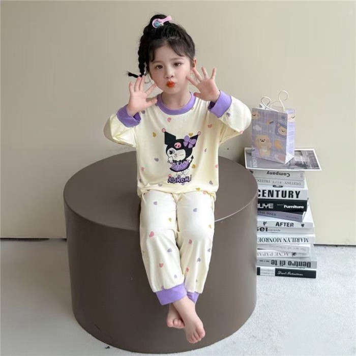 bộ đồ ngủ trẻ em xuân thu quần áo nhà mới hoạt hình Kurome chấm bi dài tay bộ đồ