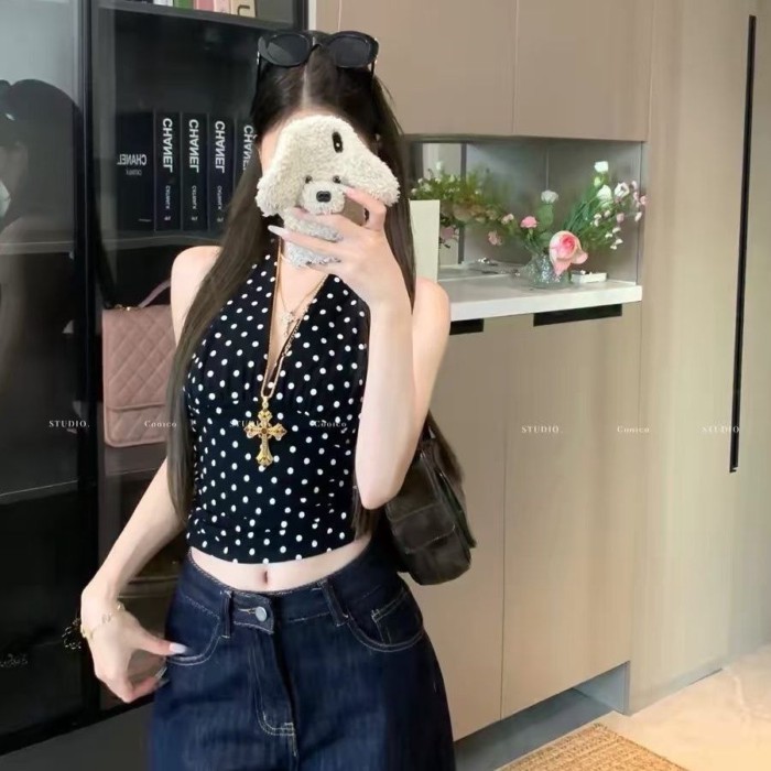 Màu Sắc Cầu Vồng Hot Girl Chấm Bi Yếm Mùa Hè Mới Hở Lưng Đi Kèm Với Miếng Lót Ngực Ôm Vừa Vặn