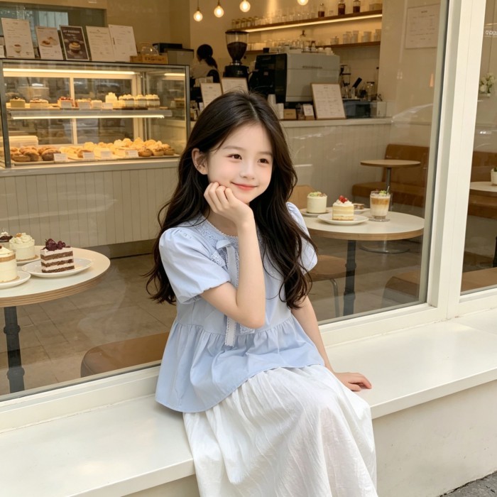 Xanh Dương Phong Cách Nhẹ Nhàng Thắt Nơ Áo Bé Gái Thiết Kế Tay Phồng Áo Sơ Mi Babydoll Thời T