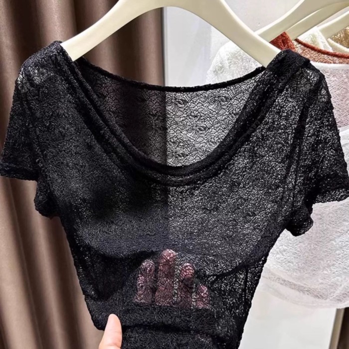 chiếc áo sơ mi ngắn tay ren rỗng xuyên thấu Áo thun lệch vai mùa hè dành cho nữ cổ áo một đường