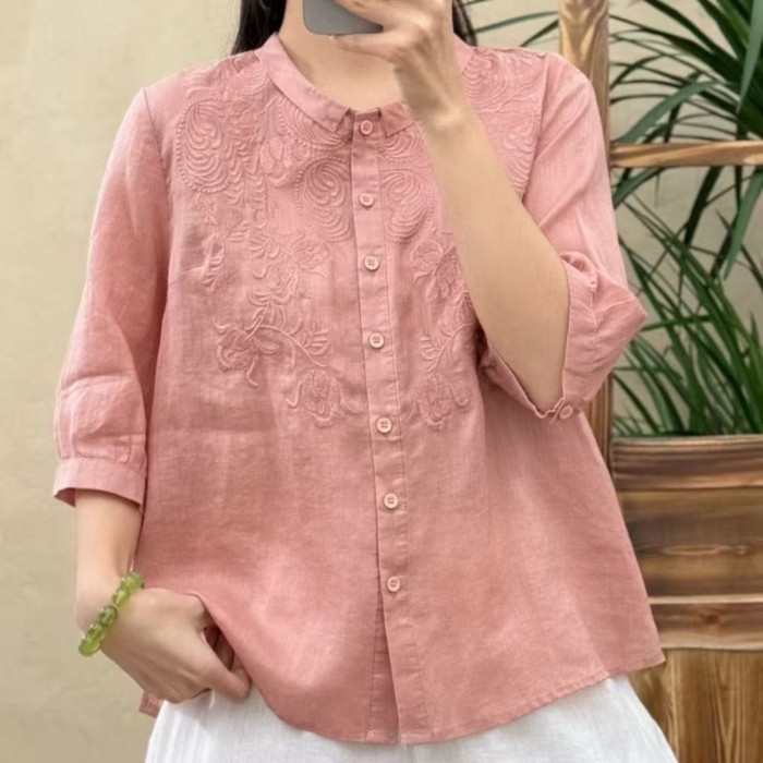 Retro văn học dáng rộng hàng đầu thường ngày cardigan mỏng ba phần tư áo sơ mi tay áo sơ mi nhỏ thê