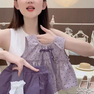 Bé Gái Mùa Hè Màu Tím Chấm Bi Tank Top Phong Cách Hàn Quốc Phong Cách Phương Tây Bộ Đồ Hai Mả