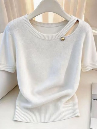 Áo len dệt kim màu tím độc đáo và đẹp mới giảm béo dopamin rỗng tay ngắn