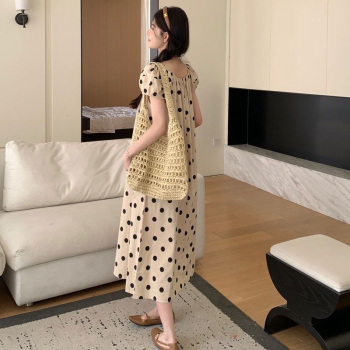 Váy chấm bi mùa hè dành cho bà bầu mới giảm béo dáng suông váy ngắn tay mùa hè dài vừa phải m