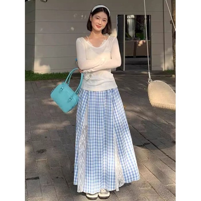 Váy ren nối kẻ sọc  dành cho nữ xuân hè size lớn kiểu Hàn Quốc thiết kế giảm béo Váy chữ A