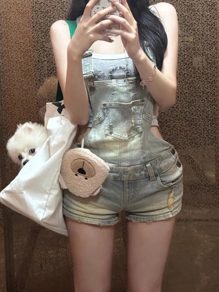 Retro y2k quần short denim lưng cao nữ mùa hè thiết kế mới áo liền quần rách