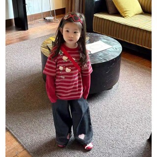 Quần áo trẻ em HelloKitty Áo thun bé gái dài tay giả hai mảnh cotton nguyên chất sọc đỏ