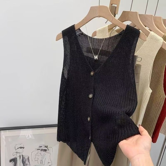 Áo Vest Không Tay Áo Vest Nữ Dệt Kim Rỗng Phong Cách Mới Độc Đáo Đẹp Niche Top Mặc