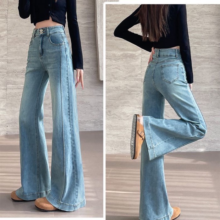 chiếc quần jeans bootcut màu xanh nhạt dành cho nữ mùa xuân thu mới lưng cao dáng rộng quần ống