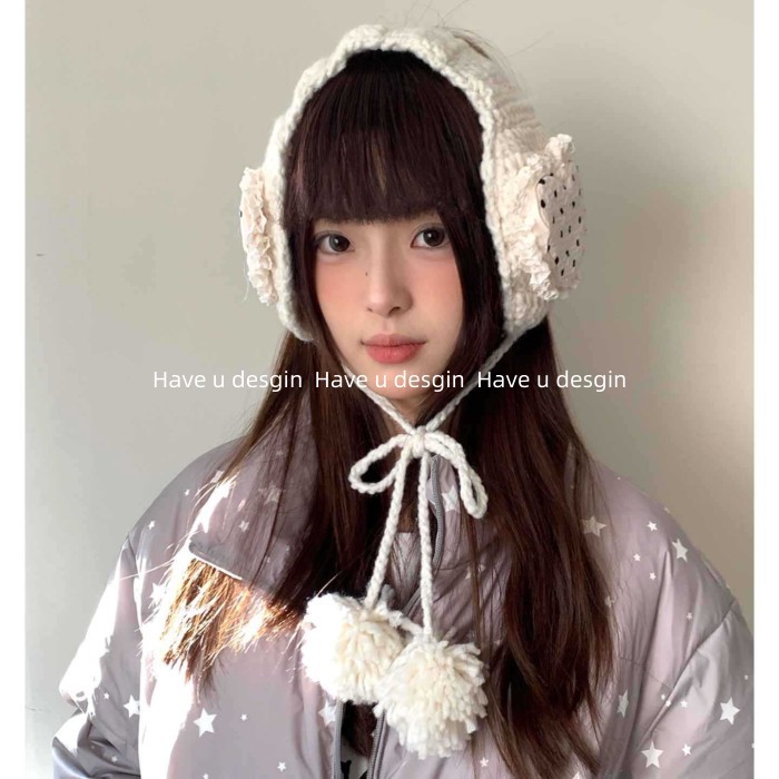 Earmuff nữ mùa đông thiết kế Hàn Quốc, chất liệu fleece và lông cừu, họa tiết chấm bi giữ ấm tốt