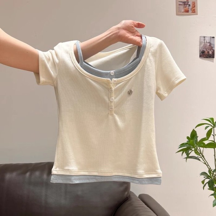 Mùa Hè Sang Trọng Và Đẹp Phiên Bản Trẻ Em Màu Sắc Tương Phản Giả Hai Mảnh Cổ Hở Nửa Áo Phông Ngắ