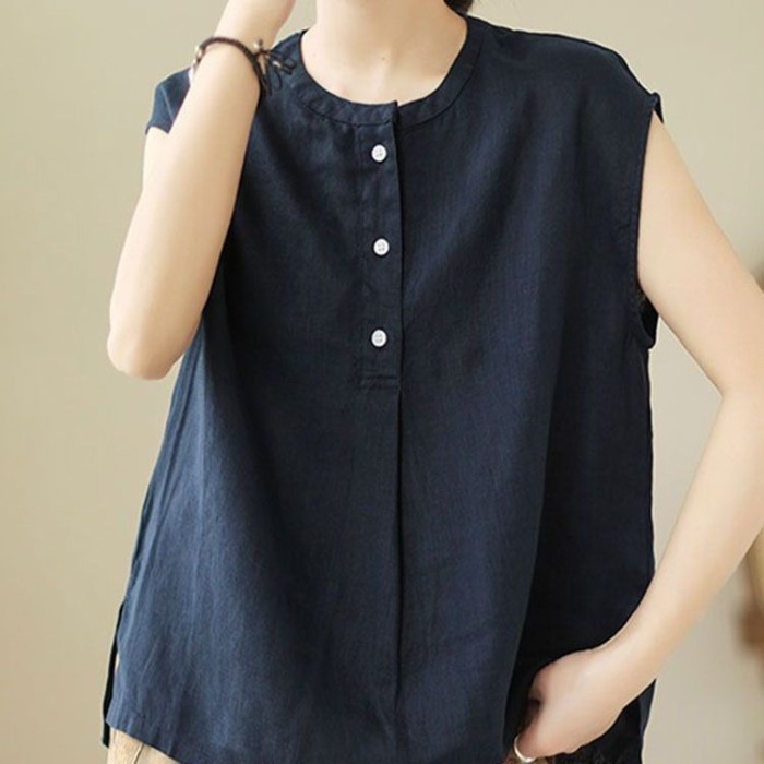 Áo thun cotton và lanh không tay mùa hè dành cho nữ cỡ lớn vải lanh nữ mặc mùa hè rộng rãi