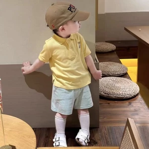 Bộ quần áo trẻ em Hàn Quốc mới cho bé trai và bé gái Áo thun ngắn tay cổ polo dễ thương quần
